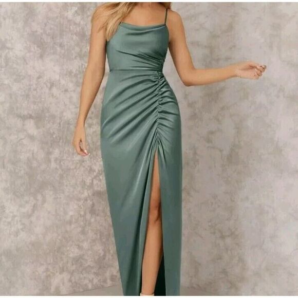 Azazie X Kendall + Kylie Green Sheath Pleated Stretch Satin Floor Length Dress O - Picture 7 of 16